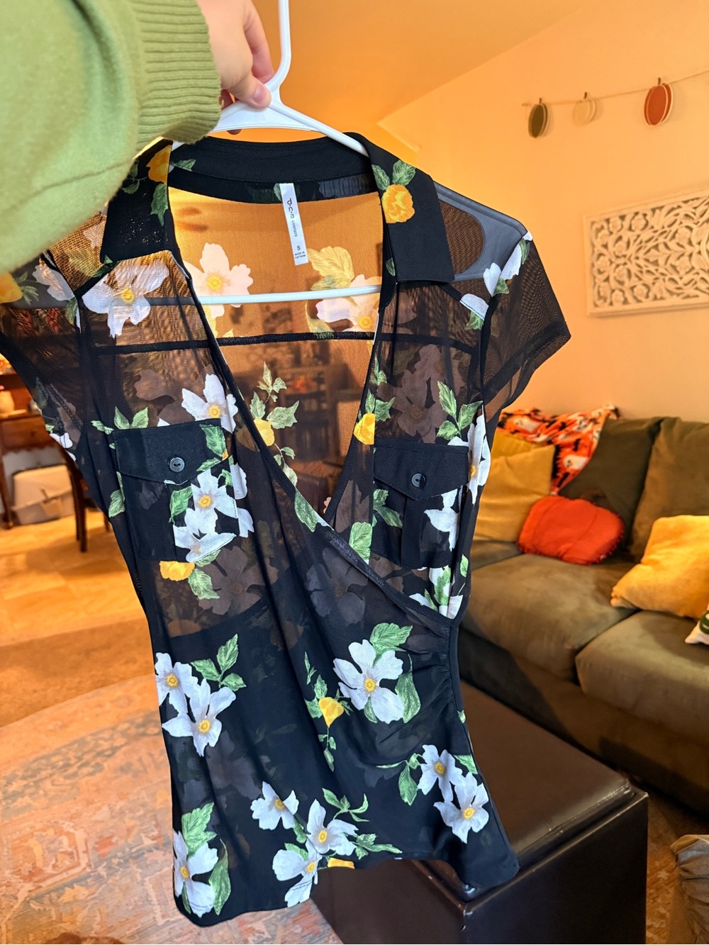Black Floral Sheer Wrap Dress Top